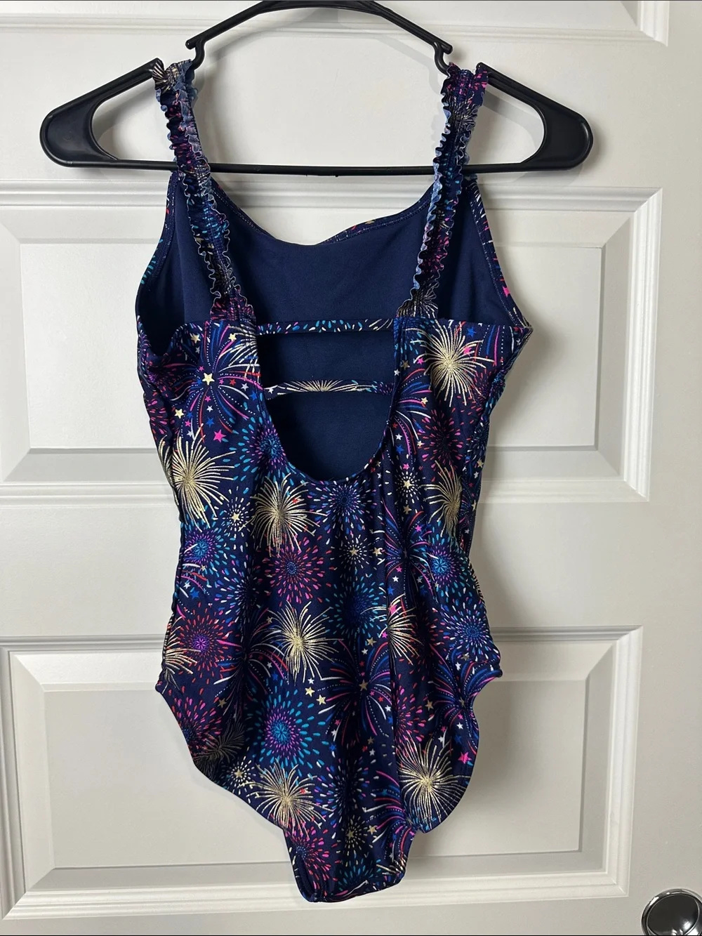 Cat & Jack Girls Fireworks Print One-Piece Swimsuit -Navy Multicolor Ruffle XL